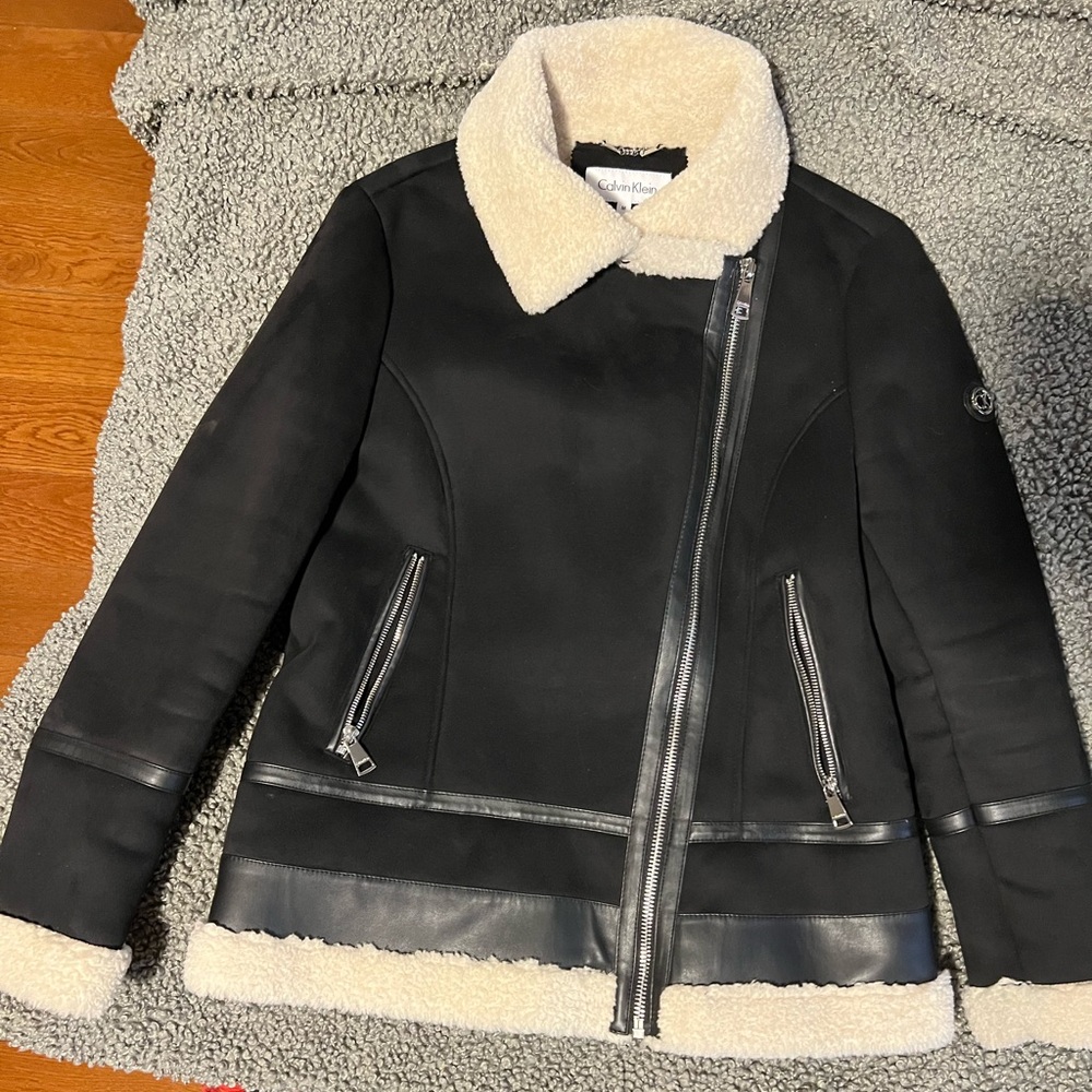 Calvin Klein Faux Shearling Faux Suede Black Coat Size M